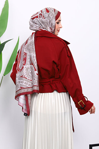İmajButik Burgundy Double-Breasted Collared Belted Short Trench Coat