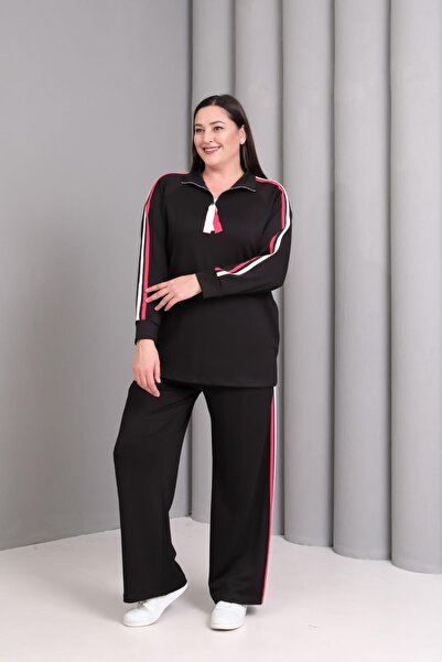 Ebsumu Γυναικείο Σετ Φούτερ Μεγάλου Μεγέθους Κόκκινη Ρίγα Λεπτομέρειας Sho Fabric Μαύρο