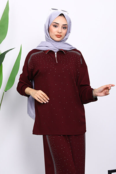 İmajButik Plum Stone Collar Zippered Tunic Trouser Set