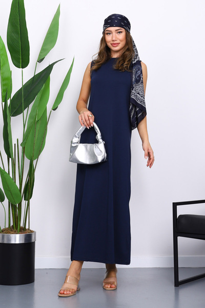 İmajButik Μπλε ναυτικό φόρεμα με χτενισμένο βαμβακερό χαλάκι με μηδενικό μανίκι