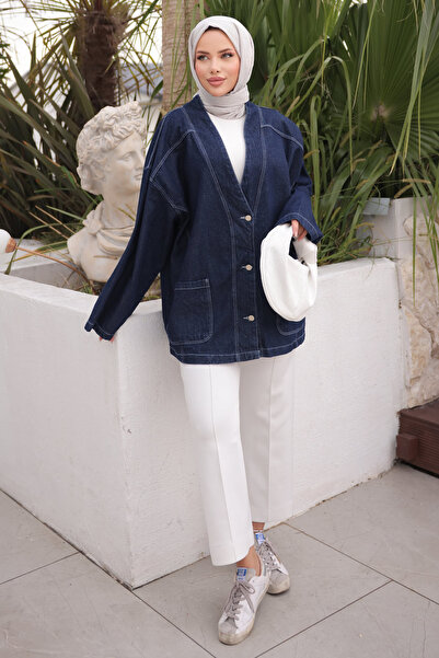 İmajButik Dark Blue Pocket Denim Jacket