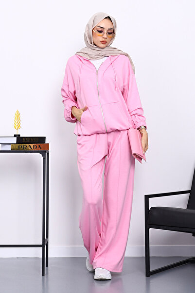 İmajButik Pink Hooded Zippered Kangaroo Pocket Modal Set