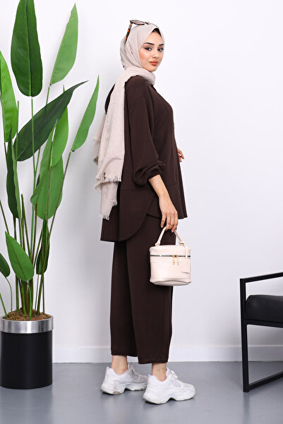 İmajButik Σετ παντελόνι με καφέ γιακά και κουμπωτό τοπ