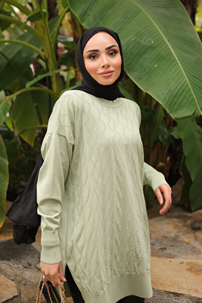 İmajButik Mint Green Crew Neck Cold Thread Knitwear Tunic