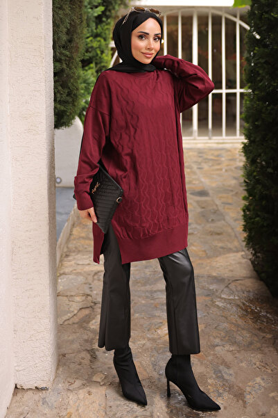 İmajButik Claret Red Crew Neck Cold Thread Knitwear Tunic
