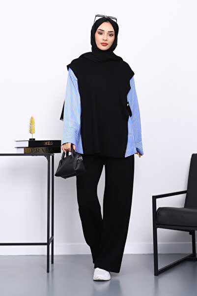 İmajButik Black Paneled Modal Suit with Tunic Trousers
