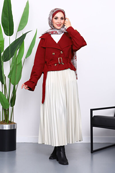 İmajButik Μπορντό κοντό παλτό με ζώνη διπλό πέτο