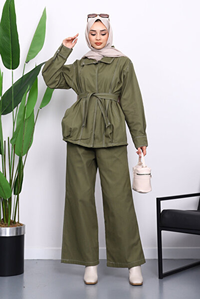 İmajButik Σετ Gabardine με κουμπωτό μπουφάν και παντελόνι χακί