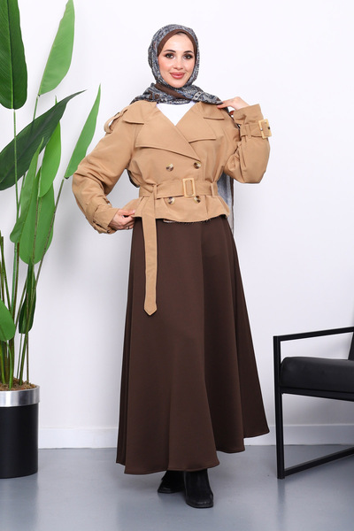 İmajButik Κοντό παλτό Camel διπλό πέτο με λαιμόκοψη και ζώνη