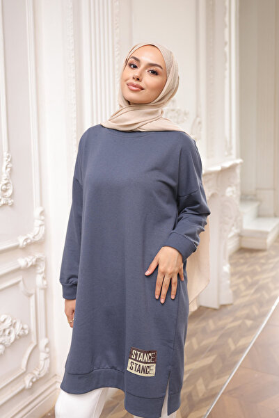 İmajButik Anthracite Crew Neck Embroidered Tunic