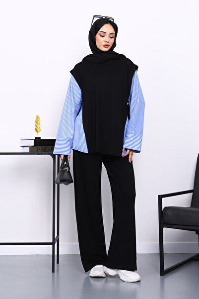 İmajButik Black Paneled Modal Suit with Tunic Trousers