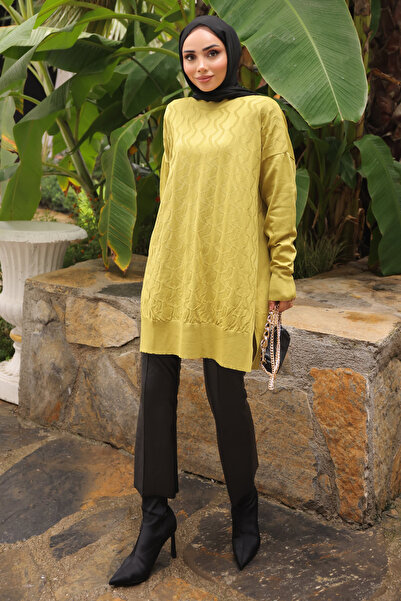 İmajButik Oil Green Crew Neck Cold Thread Knitwear Tunic