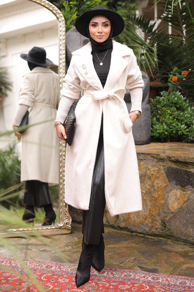 İmajButik Παλτό από ανγκόρα με πλεκτά μανίκια και λεπτομέρεια πλεξούδας