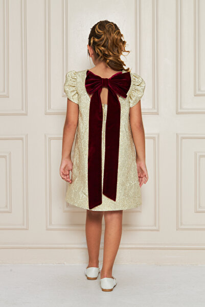 zühre balaban Gold Short Girls Dress with Velvet Bow