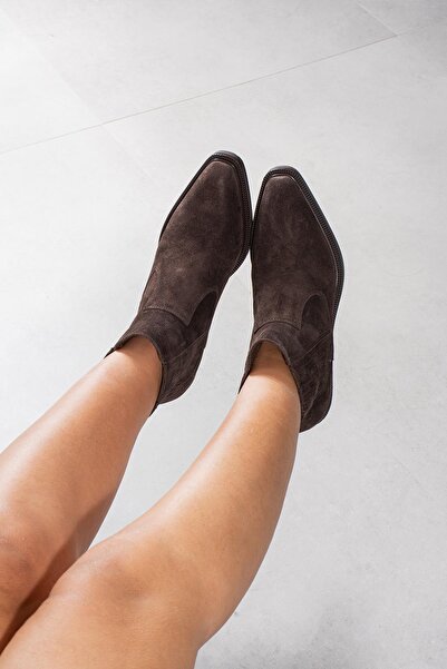 FSKOMBİN Arenda Kadın Kahve Süet Hakiki Deri Topuklu Bot