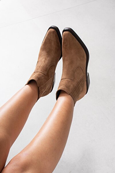 FSKOMBİN Arenda Women's Camel Suede Genuine Leather Heeled Boots
