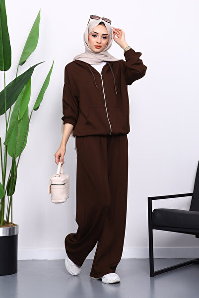 İmajButik Brown Hooded Zippered Kangaroo Pocket Modal Set