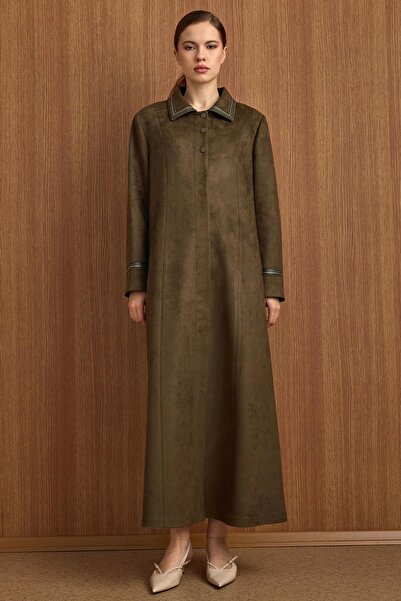 Olcay Shirt Collar Leather and Embroidery Detailed Suede Look Oversized Overcoat K.Haki 6798