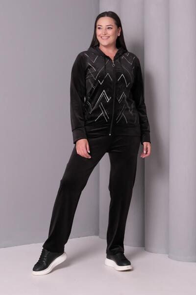 Ebsumu Women's Plus Size Stone Velvet Black Tracksuit Set