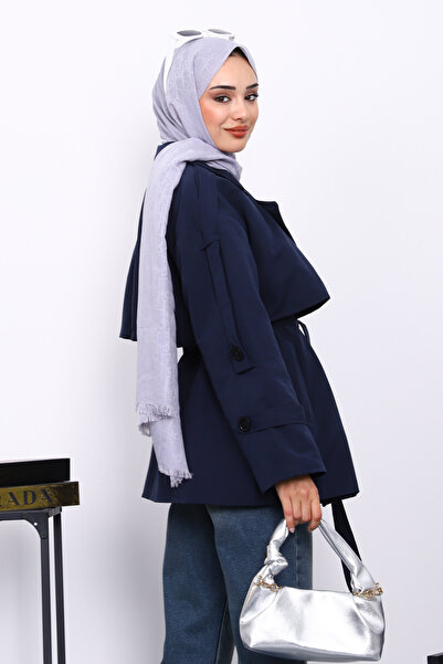 İmajButik Navy Blue Kravuze Collar Buttoned Short Trench Coat