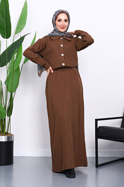 İmajButik Brown Shirt Collar Buttoned Knitwear Skirt Set