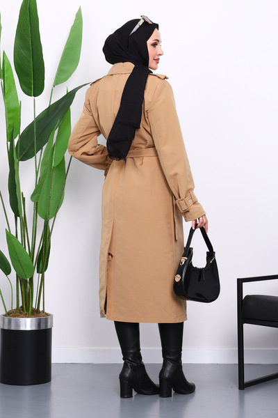 İmajButik Καμελ διπλό πέτο Καμπαρντίνα με επένδυση με γιακά