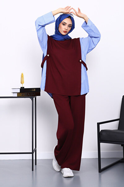 İmajButik Σετ Modal με παντελόνι τουνίκ Plum συνδυασμός υφασμάτων