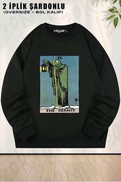 ZOKAWEAR سويت شيرت للجنسين من The Kermit Tarot مطبوع قصة فضفاضة برقبة دائرية
