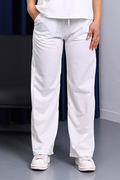 İmajButik Ελαστικό κάτω μέρος φόρμας Palazzo με δύο κλωστές σε εκρού χρώμα