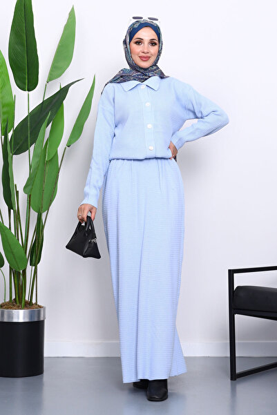 İmajButik Baby Blue Shirt Collar Buttoned Knitwear Skirt Set