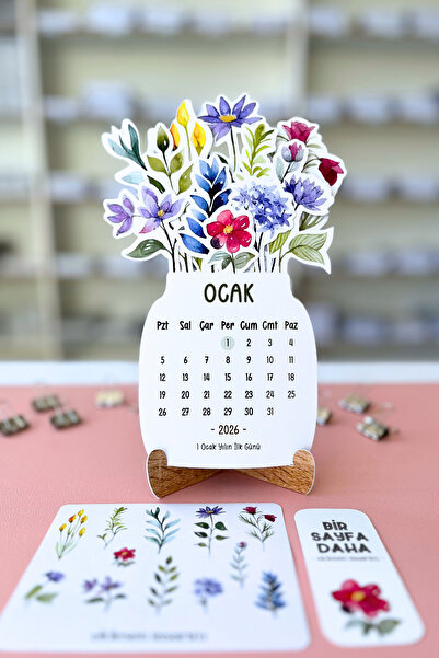Eldesen Tasarım 2026 Çiçek Temalı Masa Takvimi | Kayın Desenli Karton Tutucu | Dekoratif Takvim | Hediye Seçeneği