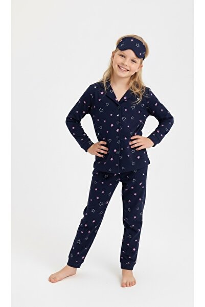 Beka Kids Heart and Star Patterned Long Sleeve Buttoned Front Shirt Collar Girls Pajama Set 100% Cotton