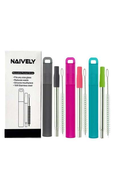 Generic Collapsible Portable Stainless Steel Straws - 3 Pack Metal Reusable Straws with Silicone Tips, Plas