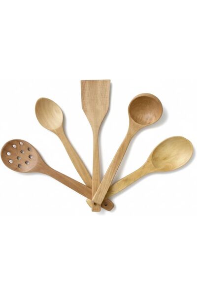 ELAR WOODEN Beşli Akçaağaç Mutfak Seti–Kaşık, Spatula, Kepçe, Kevgir ve Pilav Kaşığı, Doğal Ahşap