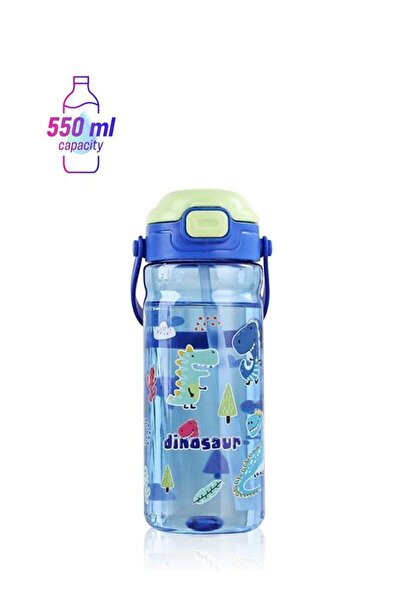 Generic UKR UKR Kids Button Straw Water Bottle | 550 ml Blue Dinosaur Theme | Leakproof 18 oz Automatic Dri