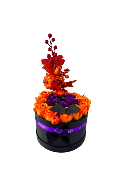 velve Autumn Magic arrangement, with soap roses and autumn elements, in a round black box