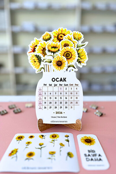 Eldesen Tasarım 2026 Çiçek Temalı Masa Takvimi | Kayın Desenli Karton Tutucu | Dekoratif Takvim | Hediye Seçeneği