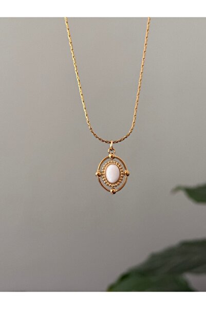 Altın Kaplama Çelik Vintage Madalyon Kolye – Beyaz Taşlı