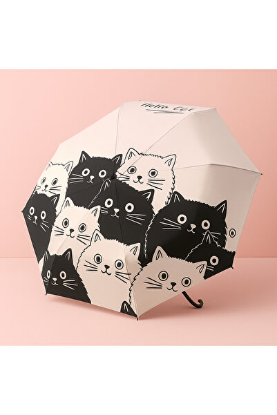 esdekor Manuel Karikatür Siyah Beyaz Kedi Şemsiye UV Koruma Katlanabilir 1 Adet
