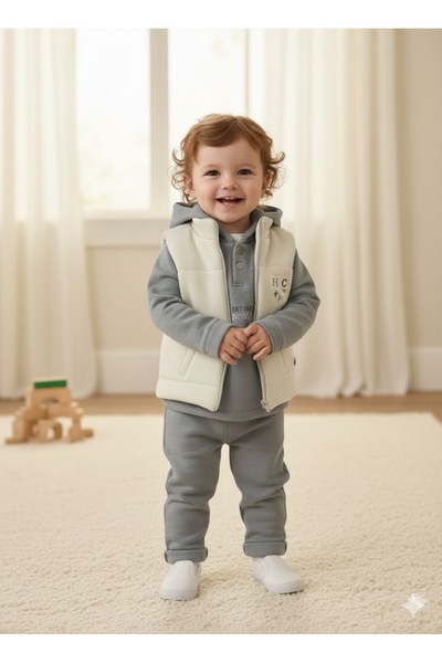 HLS KIDS 3 Parça Çocuk Eşofman Takımı (Kapüşonlu Sweat + Eşofman Altı + Kapitone Yelek) Kışlık