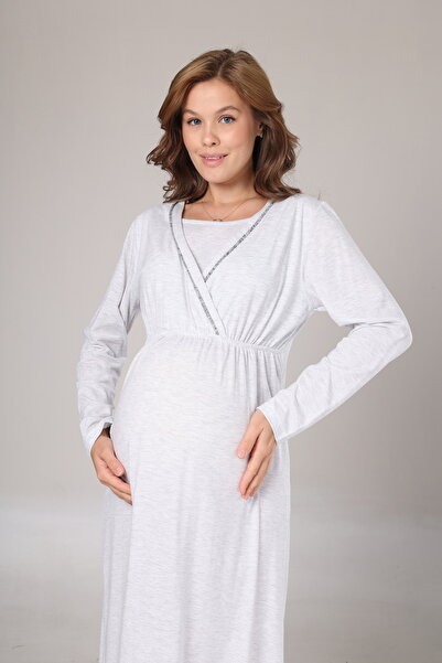 BLACKMORE Women's Gray Jacquard Special Design Shawl Collar Full Length Winter Maternity Nightgown-Robe Set of 2