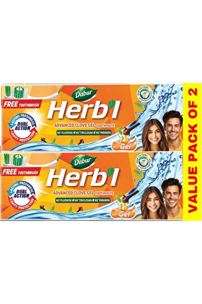 Dabur Herb'l Dual Action Clove Gel Toothpaste (2×150g) + Free Toothbrush