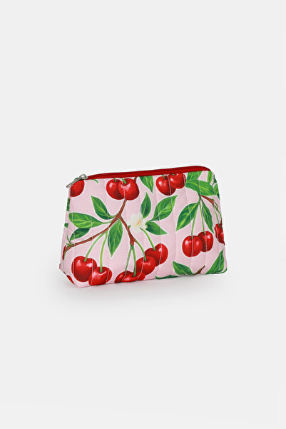 ICONE BAG Cherry Printed Quilted Triangle Makeup Bag, Line Inside Printed Pink Background Color Cosmetic Bag