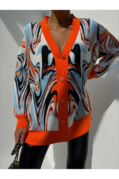 Generic Brand V-Neck Buttoned Oversize Marbled Pattern Cardigan