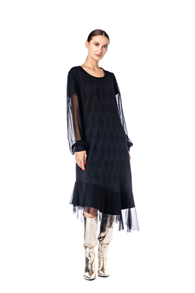 RVL Black asymmetric viscose dress with ruffles
