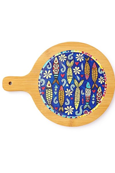OEM Bamboo kitchen cutting board with ceramic insert, marine fish pattern, 29x17 cm, Multicolor