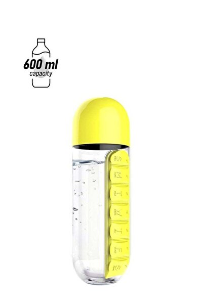 Generic CYTHERIA Plastic Water Bottle With Daily Pill Box Organizer Yellow 23.5x6.9cm