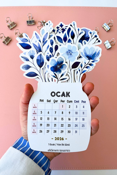 Eldesen Tasarım 2026 Çiçek Temalı Masa Takvimi | Kayın Desenli Karton Tutucu | Dekoratif Takvim | Hediye Seçeneği