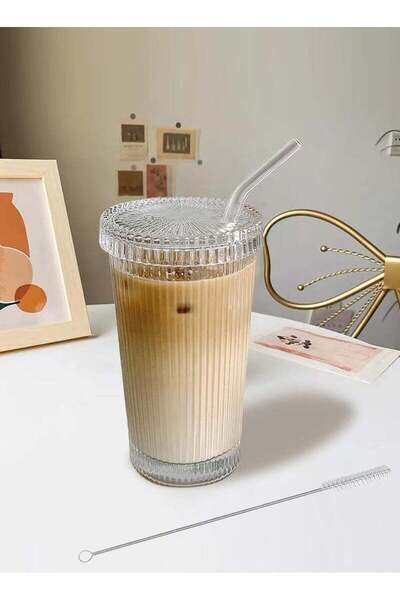 Generic DAMCONME Glass Tumbler Stripe Glass Cup Coffee Cup With Lid and Straw Drinking Glasses for Water,Ic