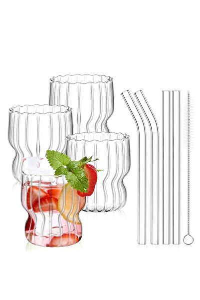 Generic 1Chase Ripple Drinking Glasses with Straws 320 ML (Set of 4)